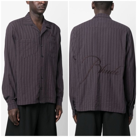 New Rhude Striped Cotton Shirt Button Front Gray Slate Embroidered Logo Mens M - Picture 14 of 16